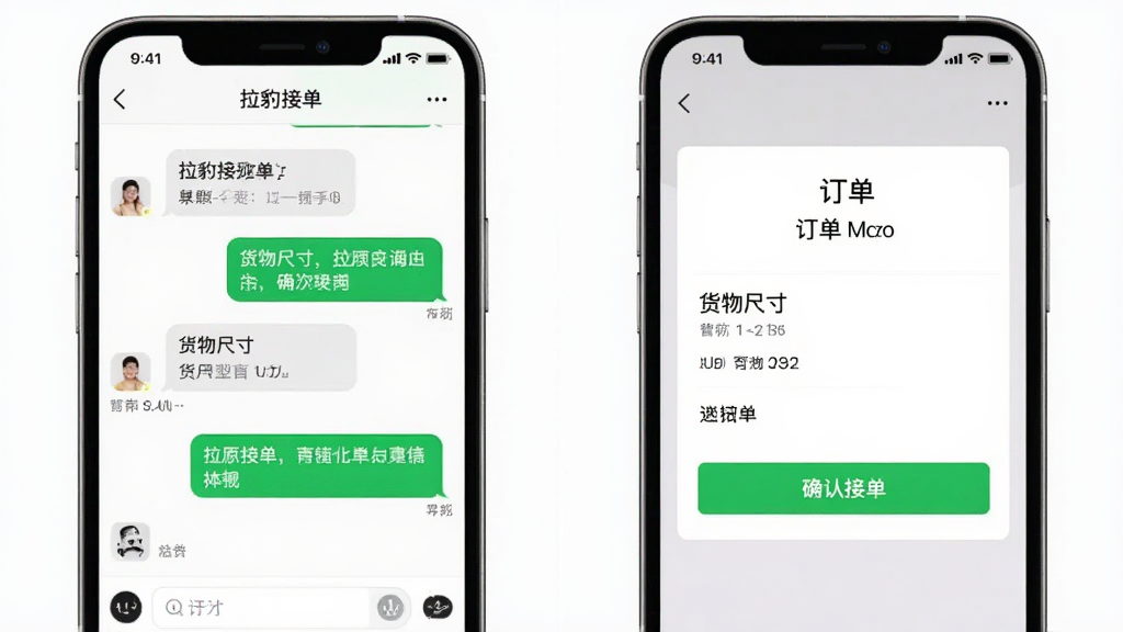 手机聊天界面与订单详情页并排展示,主体为两块手机屏幕内容,布局左右并列,排版左侧为聊天对话气泡右侧为订单信息卡,风格为简洁商务风,细节包含“拉豹接单”聊天窗口、货物尺寸文字、确认接单按钮,画质清晰干净无多余元素