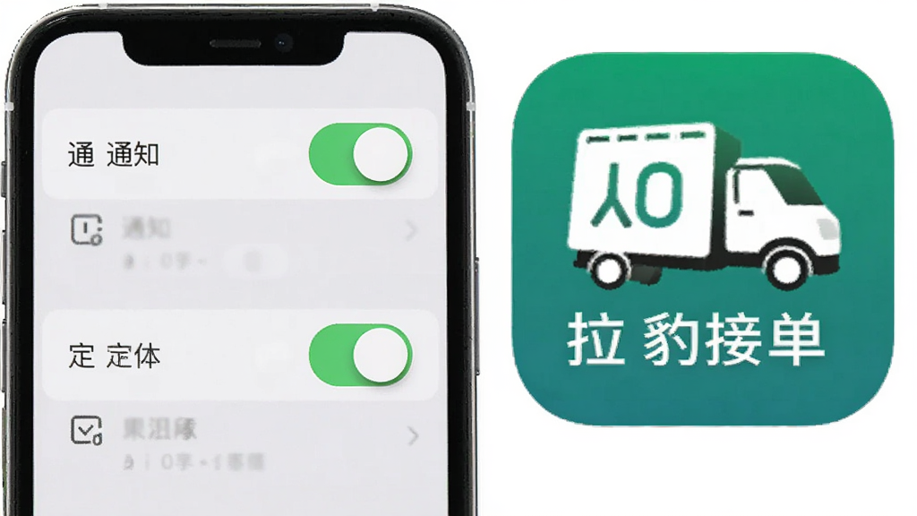 手机设置权限界面与货运软件图标并列展示,主体为手机屏幕上的权限开关与软件图标,布局上下排列,排版简洁清晰,风格为系统设置界面写实风,细节包含通知权限开关、定位权限开关与“拉豹接单”图标,画质清晰干净无多余元素