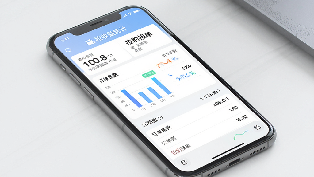 手机收益统计页面,主体为一部手机展示数据图表,布局上方为数字汇总下方为列表明细,排版清晰分区明确,风格为清爽数据可视化风,细节包含柱状图、订单条数、金额数字与“拉豹接单”页面标题,画质清晰干净无多余元素