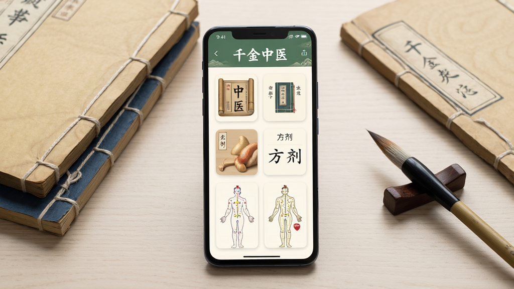 ����Ϊһ��������׿�ֻ�����Ļ����ʾǧ����ҽ������ҳ��ҳ���Ű������ҽ�ż�ͼ�ꡢ������Ƭ�뾭��ʾ��ͼ������Ϊ�ֻ����з�����ǳľɫ���棬�Ա߰ڷż�����װ��ҽ�ż���һ֧ë�ʣ����Ϊ���¹���дʵ��ɫ�����װס�ǳ����ľɫΪ����ϸ�ڰ��������Ȼ�⡢�ֻ���Ļ������ʾ��ǧ����ҽ���������ż���ҳ�����ɱ棻���ʸ��壬����ɾ����޶���Ԫ��