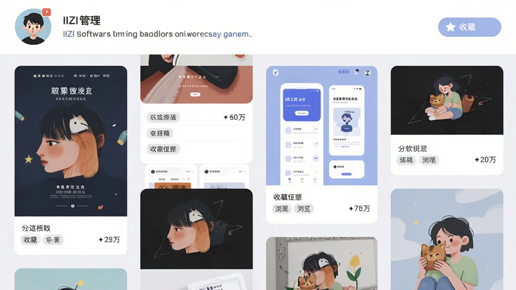 主体为IIZI软件的作品集管理界面截图风格插画,画面中央为瀑布流作品墙,包含海报、UI界面、插画缩略图;布局为上下结构,顶部为个人头像与简介栏;排版整齐,卡片错落有致;风格为清新扁平化设计;细节包括收藏按钮、分类标签、浏览量数字;画质清晰,干净,无多余元素