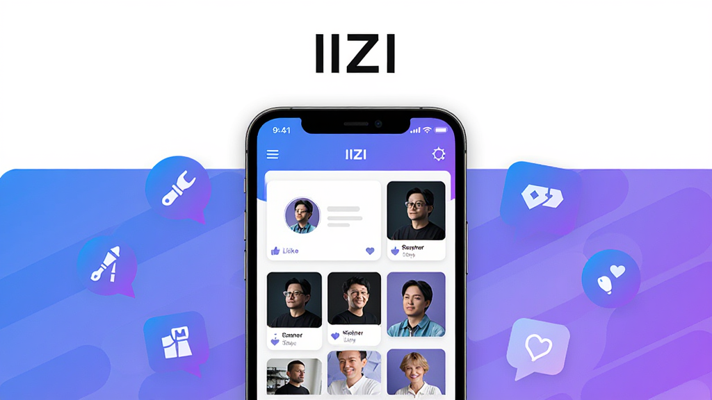 主体为一部智能手机,屏幕中显示IIZI软件界面,包含作品集网格与设计师头像;布局为居中手机展示,周围环绕设计工具图标与灵感气泡;排版简洁,上方留白放置软件名称;风格为现代扁平化科技风,蓝紫渐变配色;细节包括界面中的卡片式布局、圆形头像、点赞图标;画质高清,干净,无多余元素