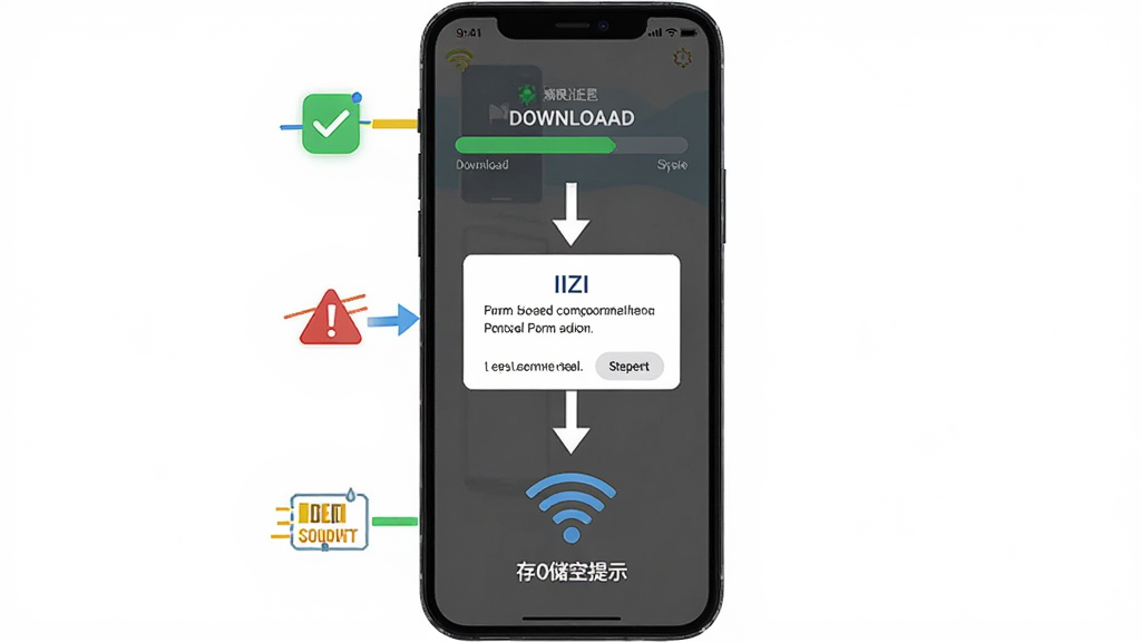 主体为手机屏幕显示IIZI安装与权限设置流程示意图,画面包含下载进度条、权限弹窗、存储空间提示图标;布局为纵向三步流程;排版清晰,步骤之间用箭头连接;风格为简洁信息图风格;细节包括勾选标记、警告图标、WiFi符号;画质清晰,干净,无多余元素