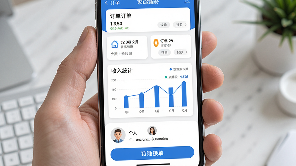 一部智能手机屏幕中展示家政服务接单界面,页面布局上方为订单列表卡片,中部为收入统计图表,下方为个人资料与接单按钮,整体采用蓝白配色,风格简洁现代,细节清晰可见界面元素,画质高清,干净无多余元素