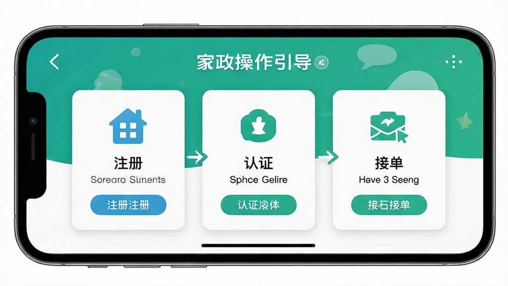 手机屏幕展示家政接单软件的新手操作引导页面,页面以步骤卡片形式排列注册、认证、接单三个环节,配有简洁图标,风格明快,细节清晰,画质高清,干净无多余元素