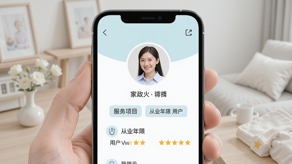 手机屏幕展示家政人员个人资料页面,包含头像、服务项目标签、从业年限与用户评分星级,页面排版整齐,配色柔和,风格清新简洁,细节清晰,画质高清,干净无多余元素