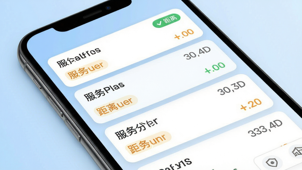 手机界面展示订单智能匹配列表,多个订单卡片以列表形式排列,卡片上标注服务类型与距离标签,背景为浅蓝色渐变,风格清爽商务,细节丰富,画质高清,干净无多余元素