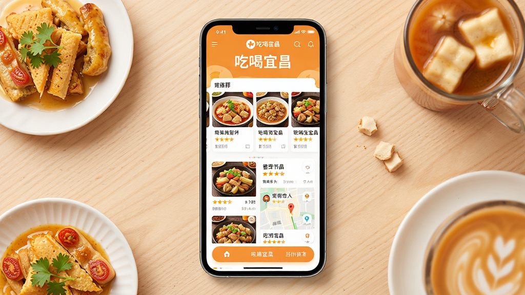 画面主体为一部智能手机,屏幕中展示“吃喝宜昌”应用主界面,界面包含美食推荐卡片、餐厅列表与地图入口;布局为手机居中放置于浅色木质桌面,周围点缀宜昌特色小吃与饮品元素;排版采用上下分层构图,上方为应用标题区,下方为功能展示区;风格为现代扁平化UI展示风,色调温暖明亮;细节包含清晰的菜品缩略图、评分星级与导航按钮,界面文字为“吃喝宜昌”;画质高清,画面干净,无多余元素