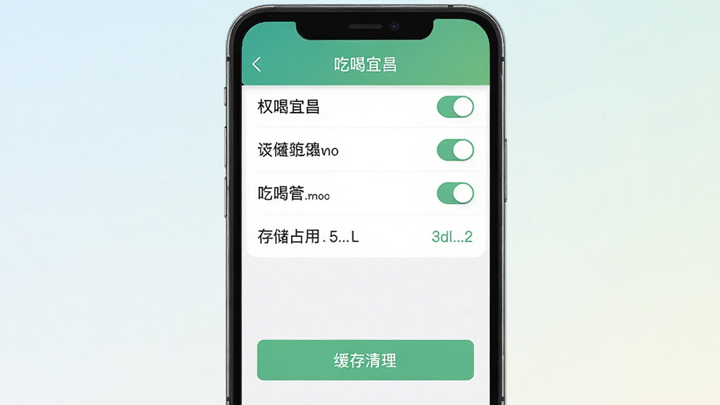 画面主体为手机屏幕展示“吃喝宜昌”应用设置与权限管理界面;布局为手机居中,背景为浅色渐变;排版为上下结构,上方为权限列表,下方为缓存清理按钮;风格为简洁工具类界面展示;细节包含权限开关、存储占用提示与清理按钮,界面文字为“吃喝宜昌”;画质清晰,画面干净,无多余元素