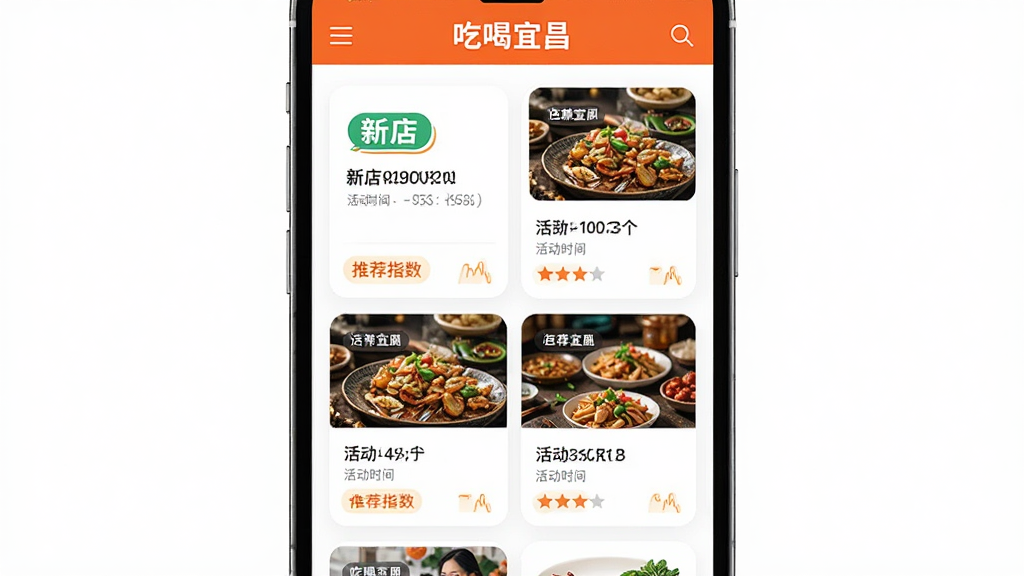 画面主体为“吃喝宜昌”应用中的本地资讯更新页面,展示新店推荐与活动信息卡片;布局为手机屏幕展示,卡片错落排列;排版为瀑布流式信息布局;风格为活力清新的生活服务类界面;细节包含新店标签、活动时间与推荐指数,页面顶部显示“吃喝宜昌”;画质清晰,画面干净,无多余元素