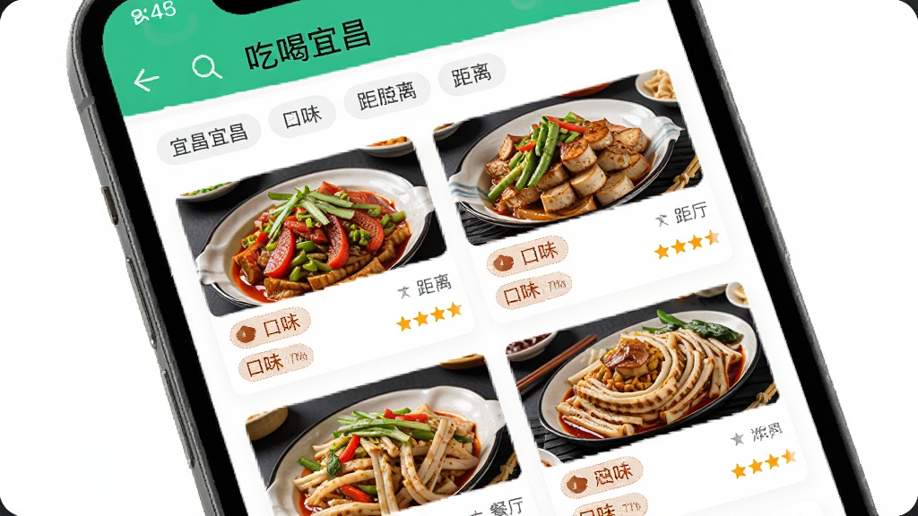 画面主体为“吃喝宜昌”应用中的美食推荐页面,展示多张宜昌特色菜品卡片与餐厅评分;布局为手机屏幕特写,卡片纵向排列;排版为列表式信息流,顶部带筛选标签;风格为清新明快的移动端界面风格;细节包含菜品图片、口味标签、距离提示与星级评分,页面标题为“吃喝宜昌”;画质清晰,画面干净,无多余元素