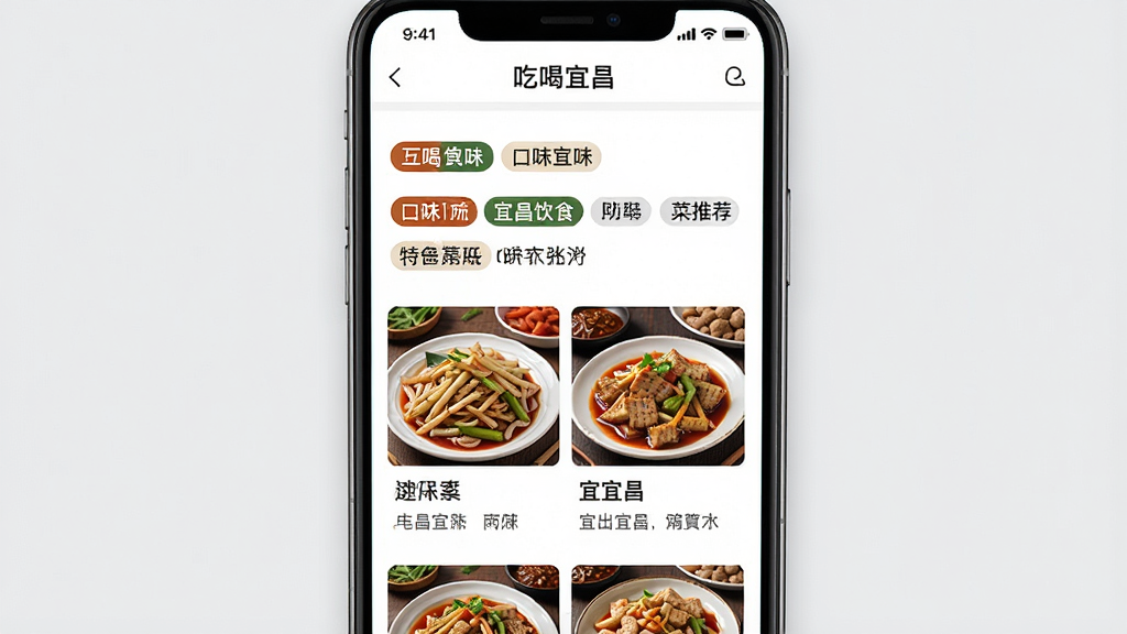 画面主体为“吃喝宜昌”应用内展示宜昌饮食口味介绍与特色菜推荐页面;布局为手机界面居中,背景为浅灰色;排版为图文混排,上方为口味说明文字,下方为特色菜品图集;风格为简洁信息展示风;细节包含口味标签、菜品名称与简短描述,界面标题为“吃喝宜昌”;画质高清,画面干净,无多余元素