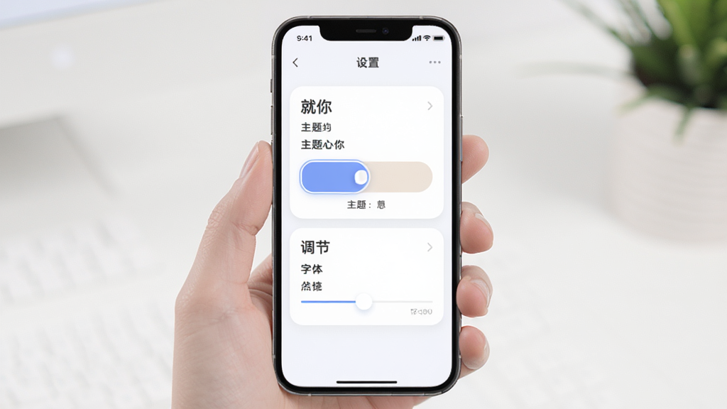 主体为“就你”软件设置页面与主题色块,布局为手机屏幕居中展示设置选项列表,排版纵向排列清晰,风格为柔和圆角卡片式设计,细节包含主题切换色块与字体调节滑块,画质干净明亮无多余元素