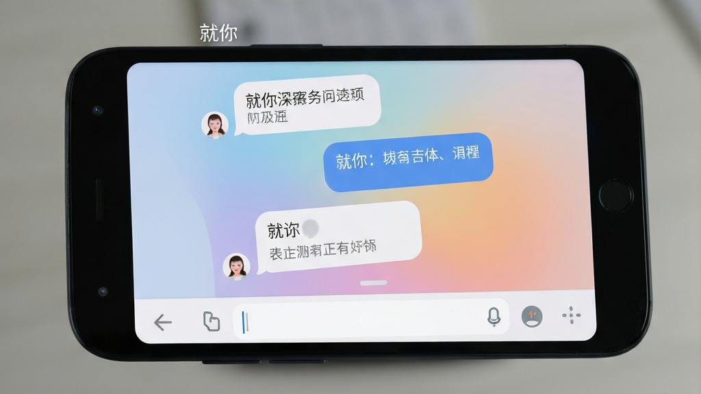 主体为一部安卓手机屏幕特写,屏幕中央显示“就你”软件聊天界面,布局为顶部软件名称与底部输入框,排版简洁居中,风格为现代扁平化UI设计,细节包含圆角气泡对话框与柔和渐变背景,画质清晰干净无多余元素