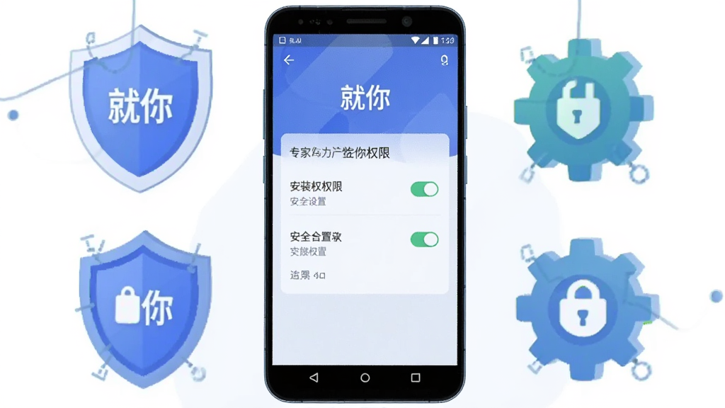 主体为安卓手机屏幕展示“就你”软件安装权限设置页面,布局为手机居中、周围环绕盾牌与齿轮图标,排版突出安全提示感,风格为扁平科技插画风,细节包含权限开关与“就你”标识,画质清晰干净无多余元素