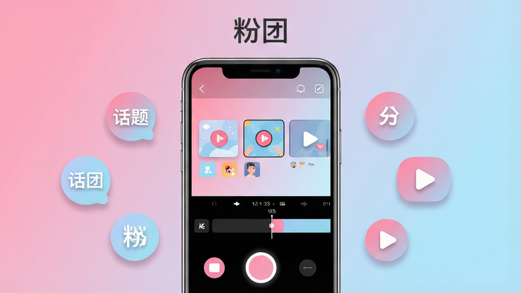 主体为一部竖屏智能手机居中放置,屏幕内展示短视频创作界面,包含拍摄按钮、模板缩略图与时间轴;布局采用居中对称构图,手机两侧漂浮圆形话题标签与播放按钮图标;排版简洁清晰,顶部留白放置应用名称文字“粉团”;风格为现代扁平化科技插画,配色以粉色与浅蓝渐变为主;细节包含手机边框高光、界面按钮圆角、图标阴影柔和;画质高清,画面干净,无多余元素