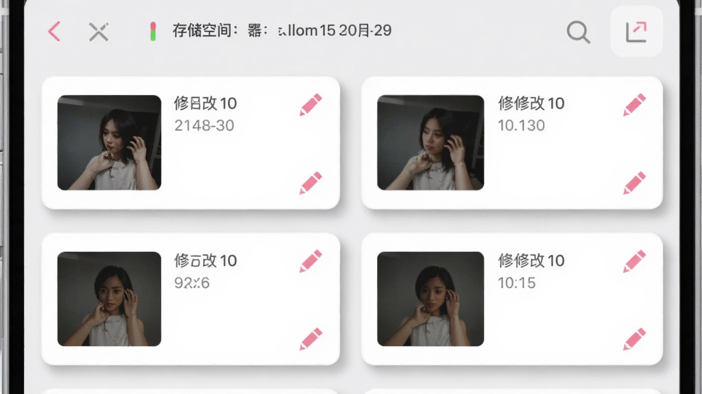 主体为手机屏幕展示草稿箱界面,多个草稿卡片带缩略图与修改时间;布局为两列网格排列,顶部有存储空间提示条;排版整洁有序;风格为极简工具类UI插画,配色浅灰与粉色点缀;细节包含卡片阴影、时间文字、编辑铅笔图标;画质清晰,画面干净,无多余元素
