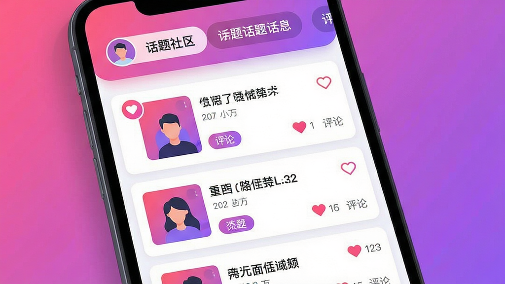 主体为手机界面展示话题社区信息流,每条作品卡片含封面、标题、点赞数与评论图标;布局为纵向列表排布,顶部有话题标签横幅;排版信息层级分明;风格为现代社交应用UI插画,配色粉紫渐变;细节包含头像圆形、点赞爱心图标、话题标签胶囊形状;画质清晰,画面干净,无多余元素