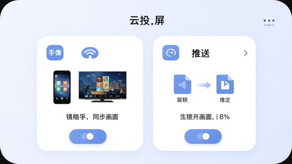 手机界面展示“云投屏”两种模式选择卡片,左侧卡片标注镜像图标并显示手机与电视同步画面,右侧卡片标注推送图标并显示文件传输示意,背景为柔和浅色,风格为现代UI卡片式设计插画,细节包括模式图标、说明文字、切换按钮等,画质清晰,画面简洁,无冗余装饰