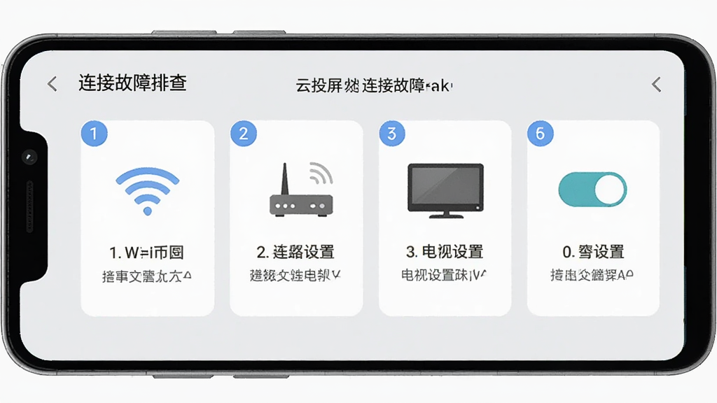 一部安卓手机屏幕显示“云投屏”连接故障排查界面,界面中列出WiFi信号图标、路由器示意、电视设置开关等排查步骤卡片,背景为浅灰色调,风格为信息图表式插画,细节包括步骤序号、图标、说明文字框等,画质清晰,布局条理分明,无多余元素