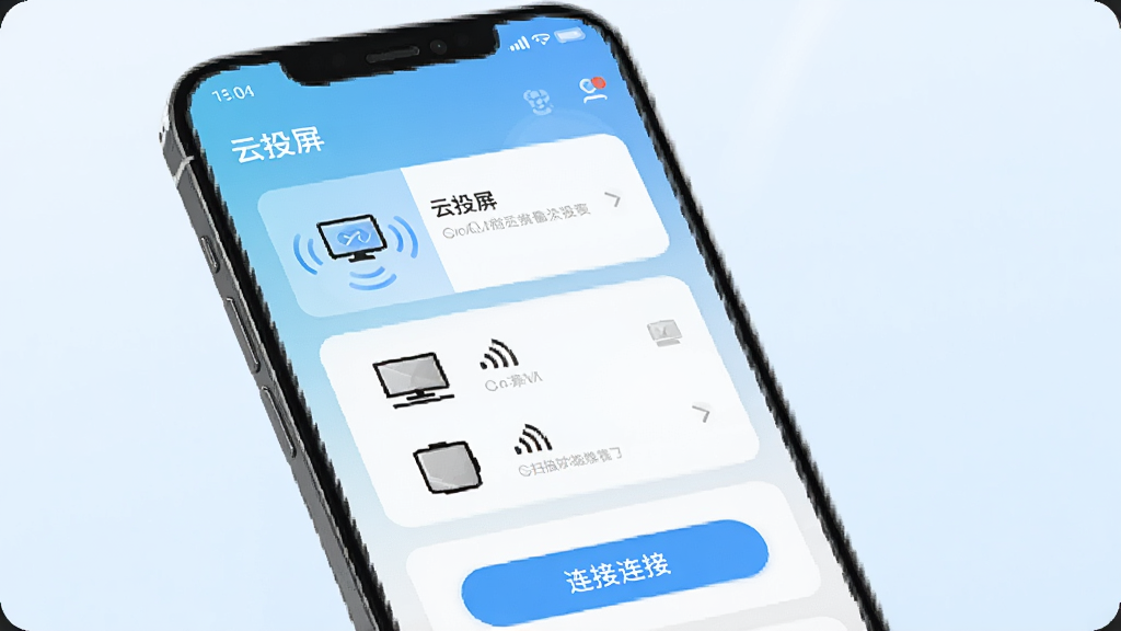一部手机屏幕显示“云投屏”应用正在扫描附近设备,界面中列出多个电视图标并带有信号强度标识,背景为简洁的浅色渐变,风格为UI界面展示插画,细节包括扫描动画、设备列表卡片、连接按钮等元素,画质高清,画面干净整洁,无杂乱元素