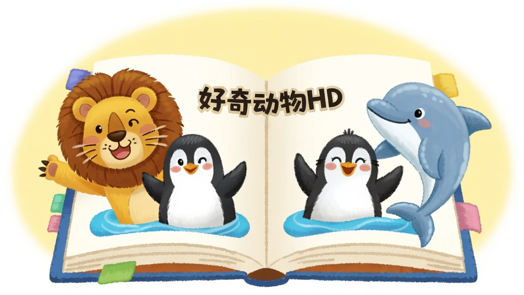 画面主体为一本打开的卡通电子书,书页上浮现出狮子、企鹅、海豚三种动物形象,布局为书本居中、动物从书页中跃出,排版采用左右对称,风格为童趣手绘插画风,细节包括书页边缘的彩色标签、动物表情生动可爱、背景为浅黄色光晕,画质清晰干净,无多余元素,画面中带文字“好奇动物HD”
