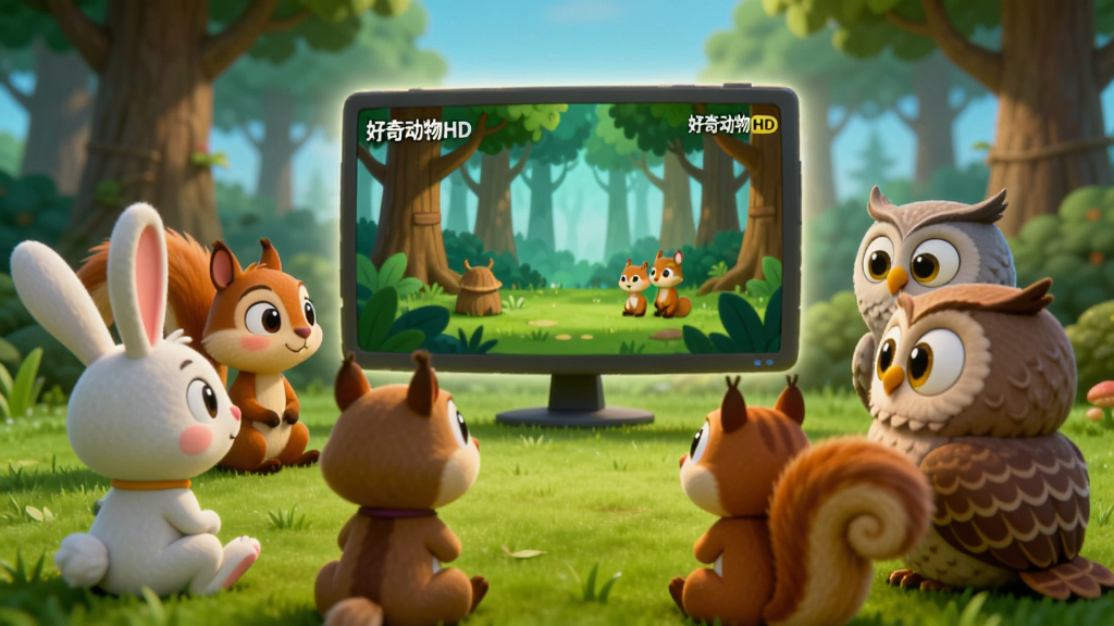 画面主体为一群卡通动物角色围坐在草地上看一块悬浮的动画屏幕,屏幕中播放着森林场景,布局为动物环绕屏幕呈半圆形,排版采用前景动物、后景森林的层次感,风格为明亮儿童动画风,细节包括小兔子、小松鼠、猫头鹰的表情专注、屏幕光晕柔和,画质清晰干净,无多余元素,屏幕角落带文字“好奇动物HD”