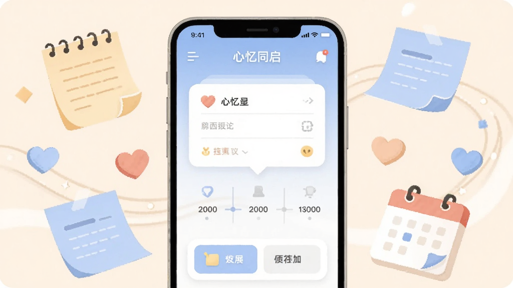 画面中央放置一部智能手机,手机屏幕上显示心忆同启软件的主界面,界面中有记录卡片与时间轴元素,手机两侧环绕漂浮的便签纸、心形图标与日历符号,整体采用浅米色与淡蓝色搭配的柔和色调,扁平插画风格,布局居中对称,细节干净清晰,画质细腻,画面干净无多余元素