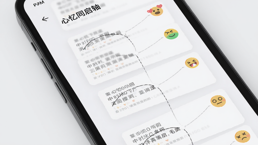 手机屏幕显示心忆同启的时间轴页面,多条记录卡片纵向排列,每张卡片右上角带有不同表情的心情图标,卡片之间有细线连接形成时间脉络,背景为浅灰白色,扁平插画风格,排版整齐有序,细节清晰,画质细腻,画面干净无多余装饰