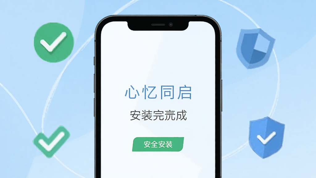 一部手机屏幕显示心忆同启的安装完成界面,屏幕周围有对勾图标与盾牌图标表示安全安装,背景为浅蓝色渐变,扁平插画风格,构图简洁明了,主体突出,细节干净,画质清晰,画面无多余元素