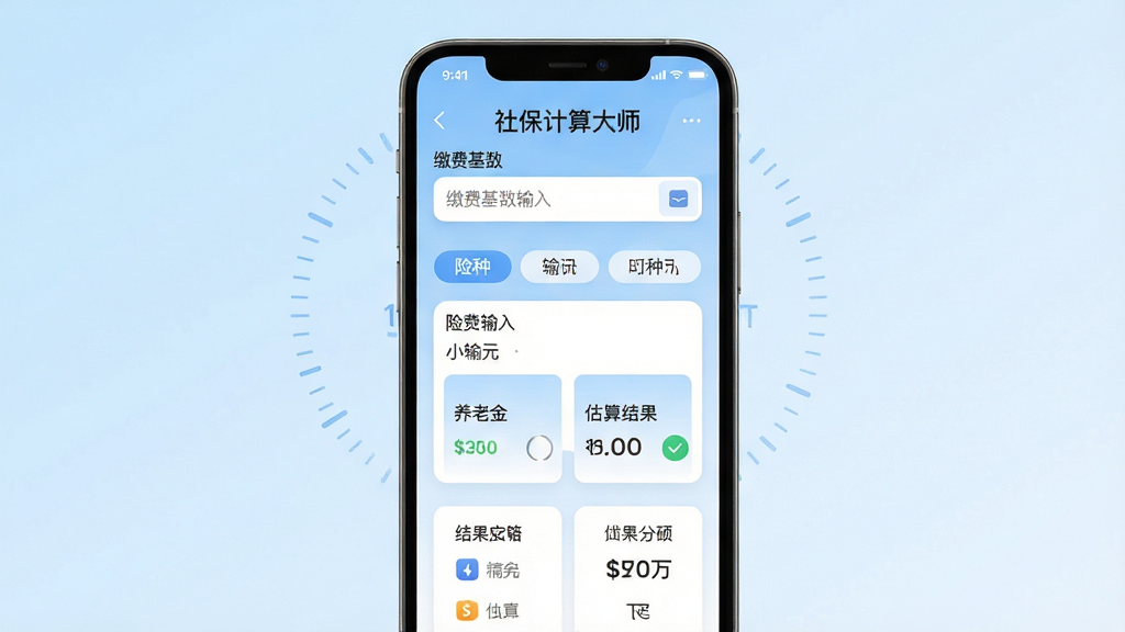手机应用界面展示,画面中央是一部竖屏智能手机,屏幕内呈现社保计算大师的主界面,包含缴费基数输入框、险种选择标签与养老金估算结果卡片,布局清晰分为上部标题区、中部输入区与下部结果区,风格为简洁现代的扁平化UI设计,细节包括浅蓝渐变背景、圆角卡片、图标化的社保标识与数字刻度装饰,画质高清,画面干净,无多余元素