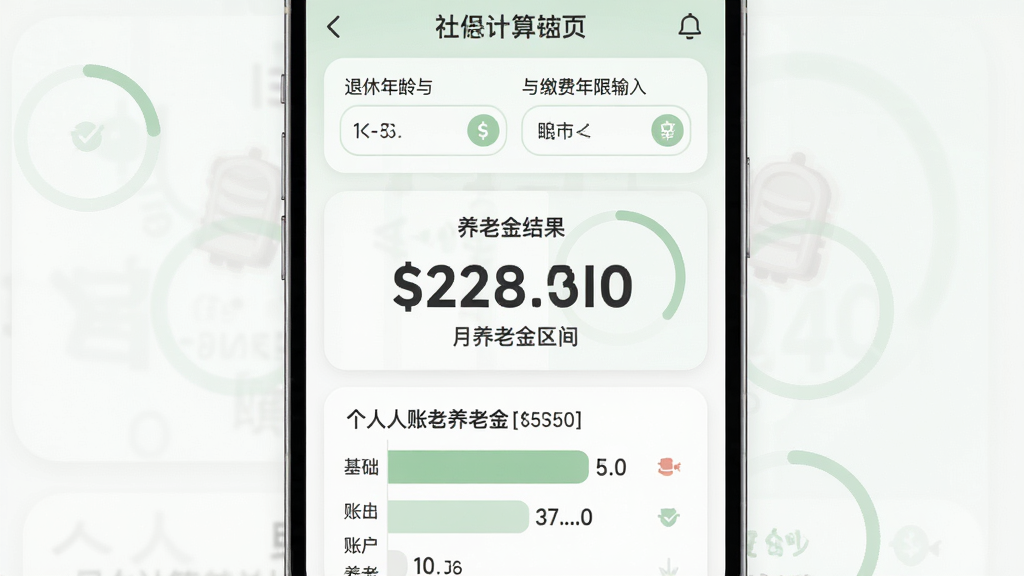 社保计算大师养老金估算页面,画面为手机竖屏界面,上方为退休年龄与缴费年限输入区,中部为养老金结果展示区,用大号数字突出月养老金估算区间,下方为基础养老金与个人账户养老金的分项条形图,布局层次分明,风格为柔和圆角卡片风,细节包括淡绿色强调色、圆形进度指示与简洁图标,画质高清,画面干净,无多余元素