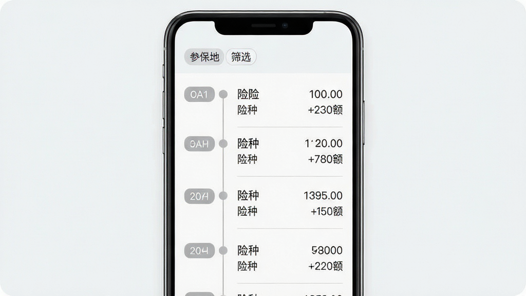 社保计算大师缴费记录管理界面,画面为手机屏幕展示时间线式的缴费记录列表,每条记录左侧为月份标签,右侧为险种与金额信息,顶部有参保地筛选标签,布局为纵向列表结构,风格为素雅极简风,细节包括细线分隔、灰色时间轴圆点、浅色背景与清晰字体层级,画质清晰,画面干净,无多余元素