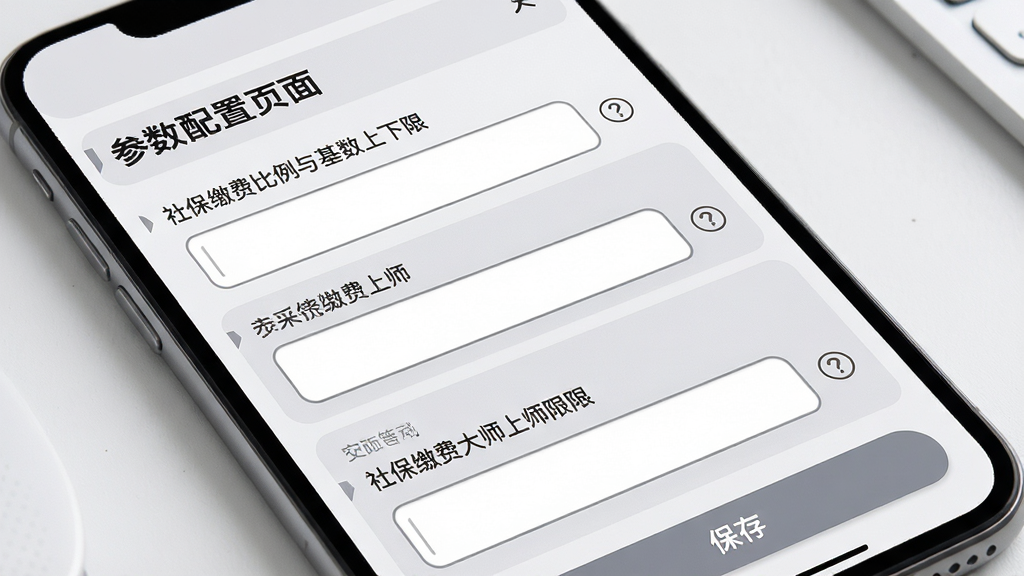 社保计算大师参数配置页面,画面为手机界面展示社保缴费比例与基数上下限的填写表单,表单分为多个分组,每组配有说明文字与输入框,布局为上下滚动的表单结构,风格为浅灰质感商务风,细节包括分组标题加粗、输入框圆角描边、右侧问号提示图标与底部保存按钮,画质高清,画面干净,无多余元素