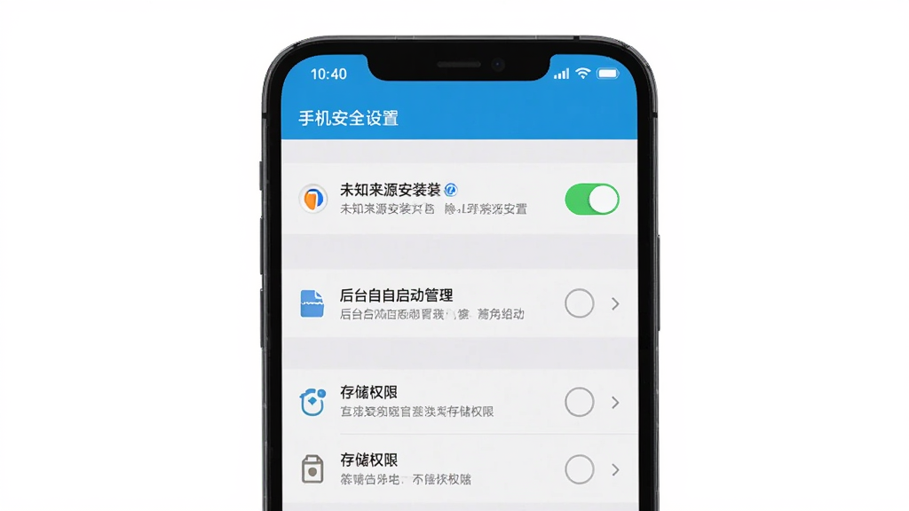 手机安全设置界面示意,画面为一部手机展示应用权限管理页面,包含未知来源安装开关、后台自启动管理、存储权限等选项,布局为设置列表结构,风格为简洁系统风,细节包括开关按钮、权限图标与说明文字,画质清晰,画面干净,无多余元素