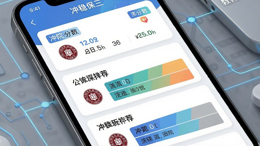 高考志愿AI智能匹配功能展示,主体为手机界面中的冲稳保三档院校推荐列表,布局采用上下分层卡片式排版,风格清爽教育科技风,细节包括分数标签、院校徽标、梯度色块区分,画质高清,画面干净,无多余元素