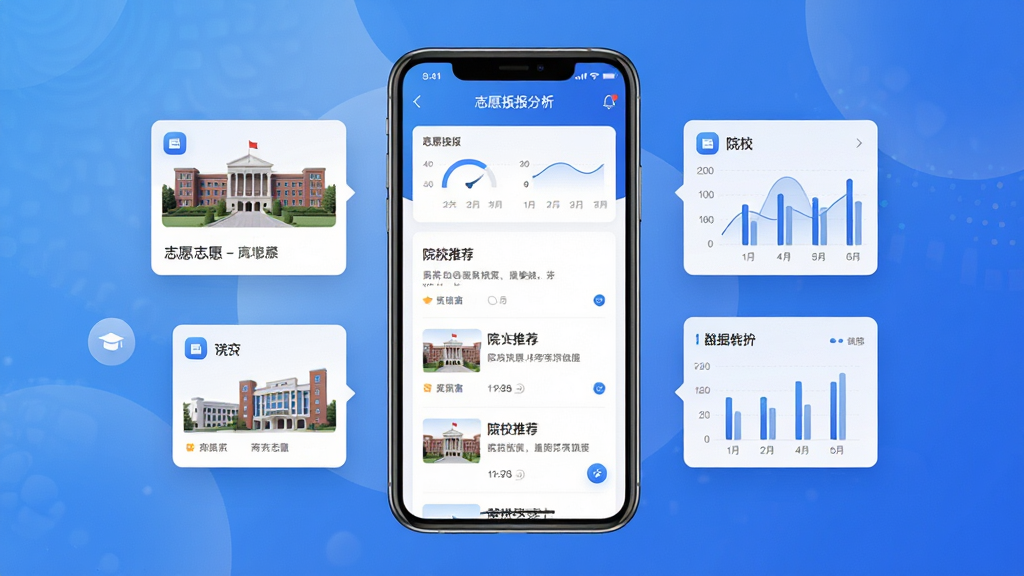 高考志愿AI软件主界面展示,画面中央是手机屏幕,屏幕内呈现志愿填报分析仪表盘与院校推荐列表,布局上手机居中、左右两侧漂浮院校卡片与数据图表,排版干净有序,风格为现代科技教育风,细节包括蓝色渐变背景、简洁图标、柔和光影,画质高清,画面干净,无多余元素