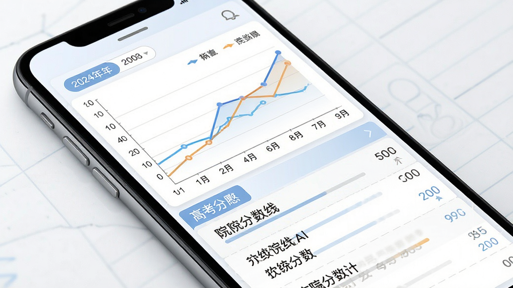 高考志愿AI分数线查询界面展示,主体为手机屏幕中的折线图与院校分数线列表,布局为图表在上、列表在下,风格数据可视化教育风,细节包括年份切换标签、分数坐标轴、院校条目,画质高清,画面干净,无多余元素