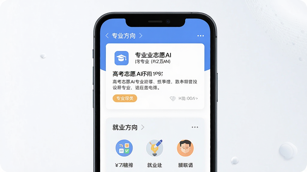 高考志愿AI专业解读页面展示,主体为手机屏幕中的专业介绍卡片与就业方向图示,布局为纵向滚动信息流,风格简洁扁平化,细节包含专业图标、文字说明、分类标签,画质高清,画面干净,无多余元素