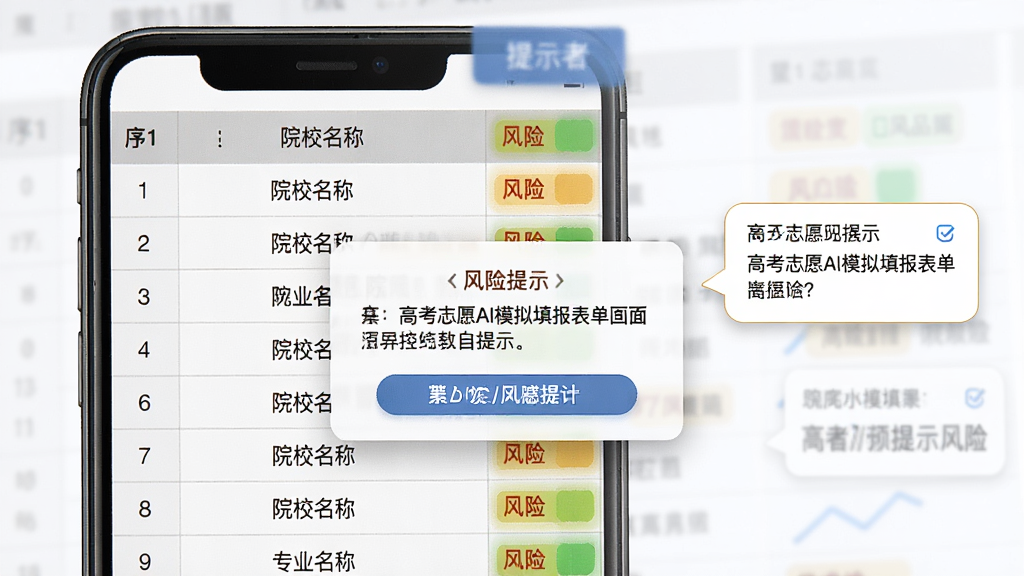 高考志愿AI模拟填报表单界面展示,主体为手机屏幕中的志愿表格与风险提示弹窗,布局为表格式排版配合右侧提示气泡,风格严谨教育工具风,细节包括序号栏、院校名称栏、风险色标,画质高清,画面干净,无多余元素