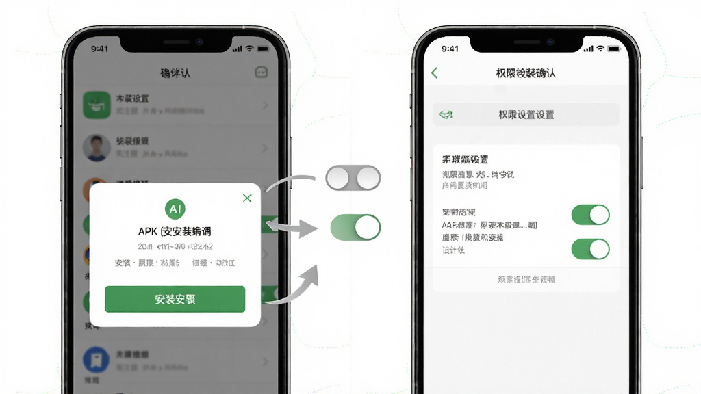高考志愿AI移动端安装步骤示意图,主体为手机屏幕展示APK安装确认弹窗与权限设置界面,布局为左右双屏对比排版,风格清晰教程风,细节包括安装按钮、权限开关、箭头指引,画质高清,画面干净,无多余元素