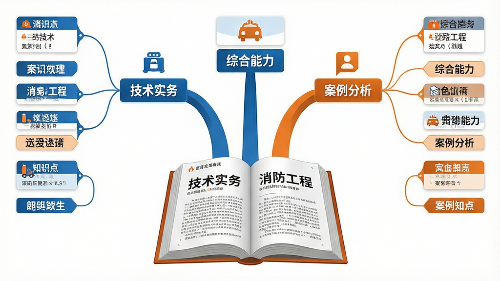 一张知识结构示意图,画面主体是一本打开的消防工程教材,书页上方延伸出三条分支路径分别标注