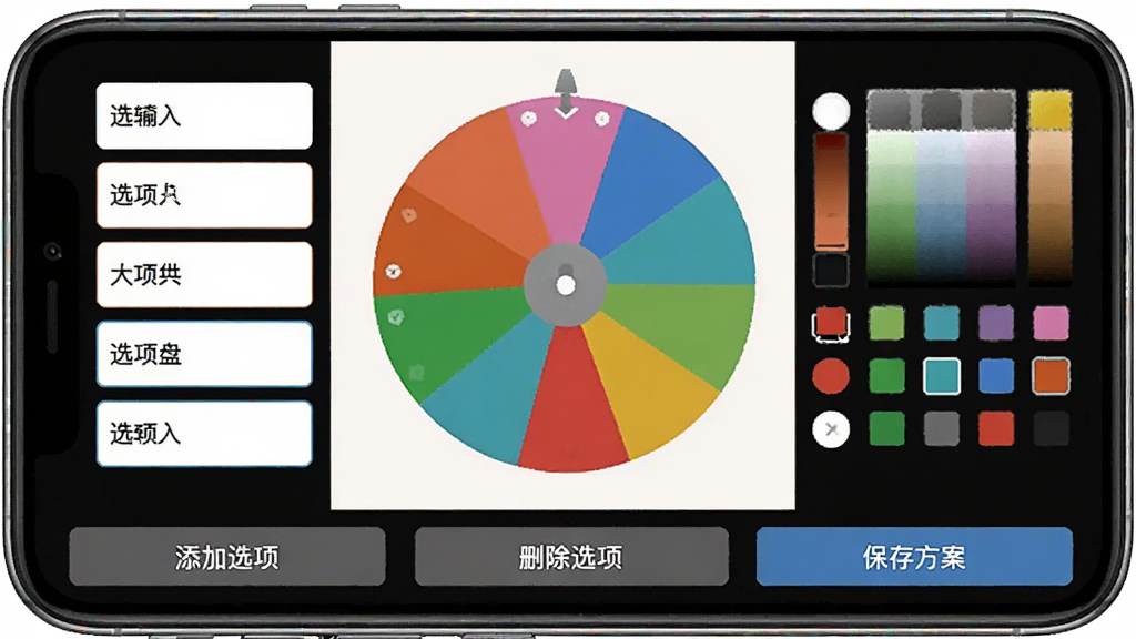 大转盘小决定软件的自定义编辑界面手机截图,画面中显示一个正在编辑的转盘,左侧为选项文字输入框,右侧为颜色选择器,底部有“添加选项”“删除选项”“保存方案”按钮,界面布局整洁有序,画质细腻干净