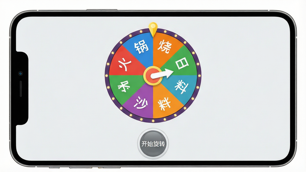一张展示大转盘小决定软件主界面的手机屏幕截图,画面中央是一个色彩鲜艳的圆形转盘,转盘被划分为多个彩色扇形区域,每个区域写有“火锅”“烧烤”“日料”“沙拉”等文字,转盘指针指向其中一个选项,背景为浅灰色极简风格,手机下方有“开始旋转”的圆形按钮,整体画质清晰干净,无多余装饰元素