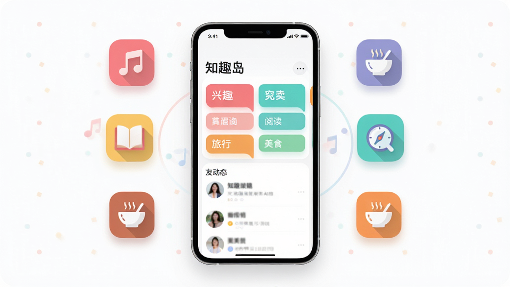 画面中央放置一部智能手机,屏幕显示“知趣岛”应用主界面,界面中有兴趣标签卡片和好友动态列表,手机周围环绕着代表音乐、阅读、旅行、美食的彩色小图标,整体布局居中对称,风格清新扁平化,细节处有柔和阴影和圆角设计,画质清晰明亮,背景干净无多余元素