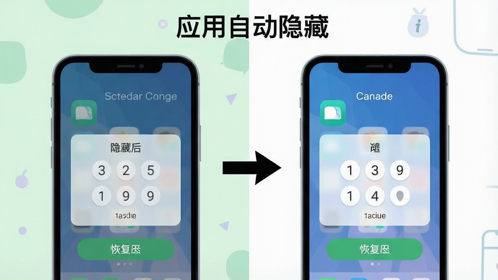 一张手机操作流程图,画面分为左右两部分,左侧展示应用被隐藏后桌面图标消失的状态,右侧展示通过密码验证后应用图标重新出现的状态,中间以箭头连接,画面顶部有“应用自动隐藏”文字标识,布局为对比式构图,风格为简洁明快的扁平插画风,细节包括手机屏幕、密码输入框和恢复按钮,画质高清,画面干净,无多余元素