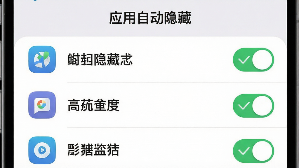 一张手机界面示意图,画面主体为应用自动隐藏软件的勾选列表界面,左侧排列着多个应用图标与名称,右侧带有开关按钮,部分开关处于开启状态并伴有绿色对勾标记,界面顶部有“应用自动隐藏”字样标题,布局为上下结构,风格为清爽简约的卡片式设计,细节包括圆角图标、浅色背景和清晰的文字标签,画质高清,画面干净,无多余元素