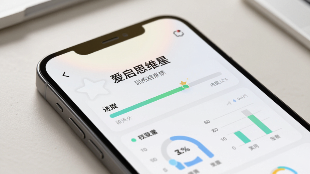 手机屏幕特写,显示“爱启思维星”的训练结果反馈页面,有进度条和简洁统计图,屏幕上方有柔和光晕,背景为浅色桌面,采用微距摄影风格,焦点集中在屏幕内容,画质细腻,画面干净