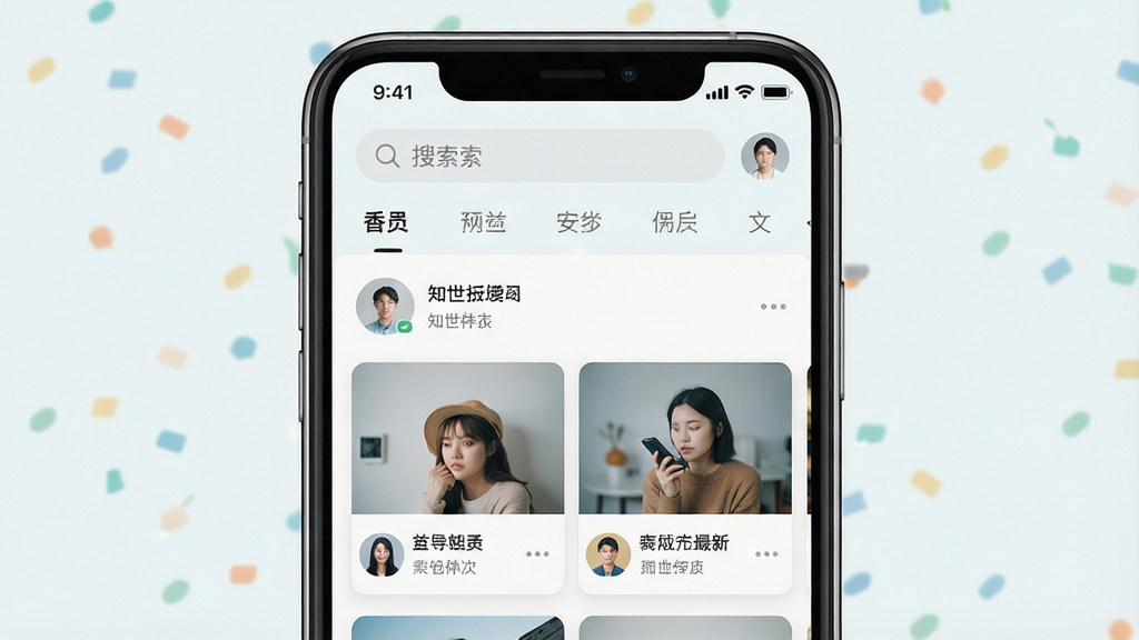 一张手机屏幕展示知世应用主界面的预览图,画面中央是应用首页信息流,上方有搜索框与分类标签,下方排列着图文卡片,每张卡片包含缩略图、标题与用户头像,整体采用清爽浅色配色,风格简洁现代,布局规整,细节清晰,画质干净,无多余元素