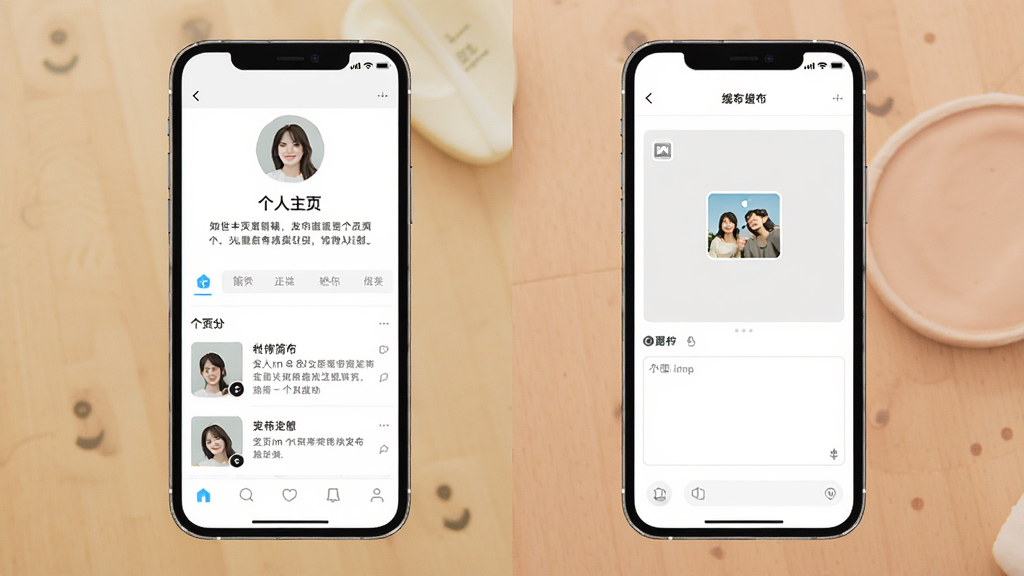 一张展示知世个人主页与发布功能的界面示意图,画面中手机屏幕分为两部分,左侧为个人主页展示头像、简介与内容列表,右侧为发布编辑页面,包含图片上传区与文字输入框,整体风格简洁明快,布局清晰,配色柔和,画质干净,无多余元素